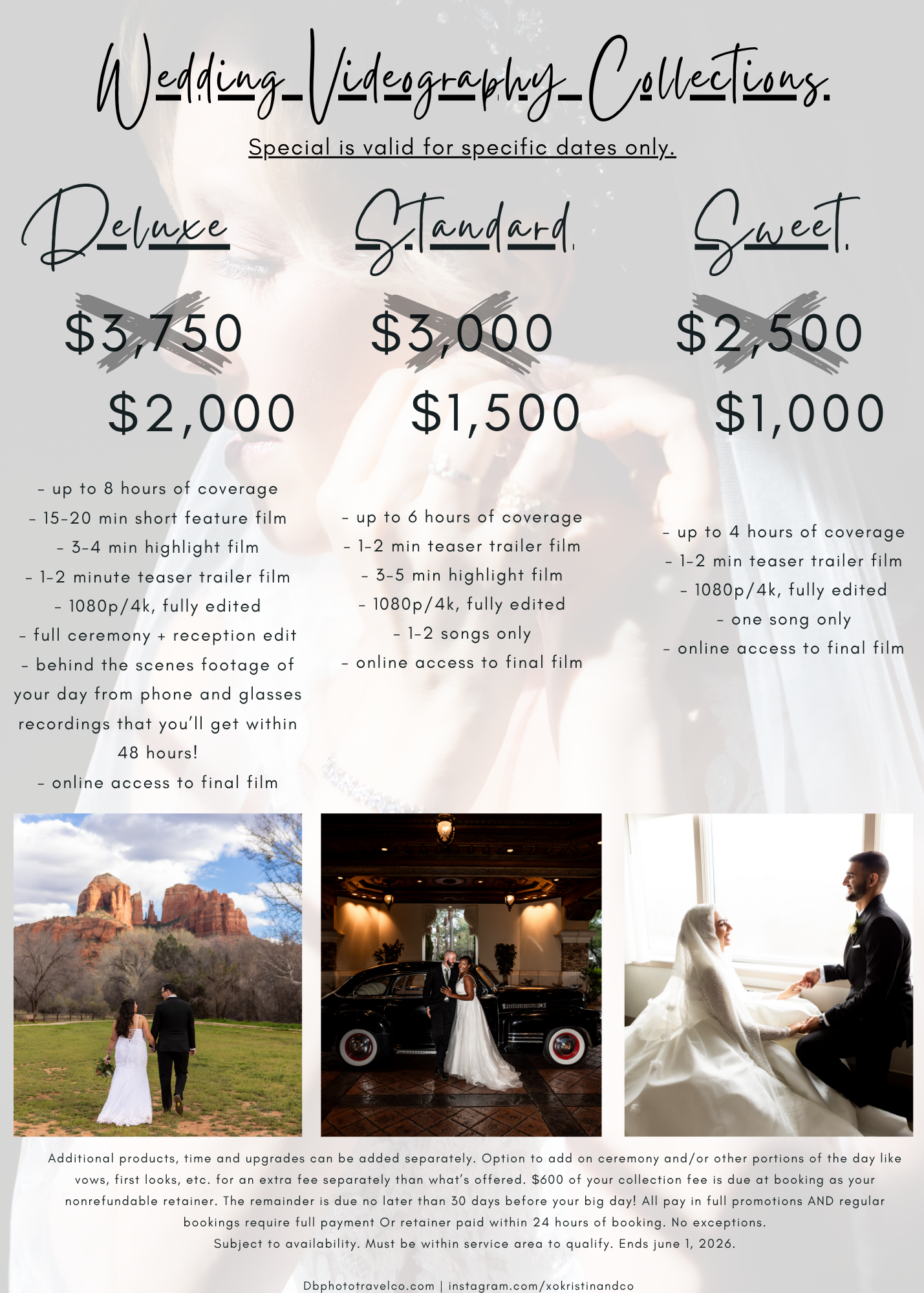 Wedding videography pricing flyer showing Deluxe, Standard, and Sweet packages ranging from $1,000 to $3,750.