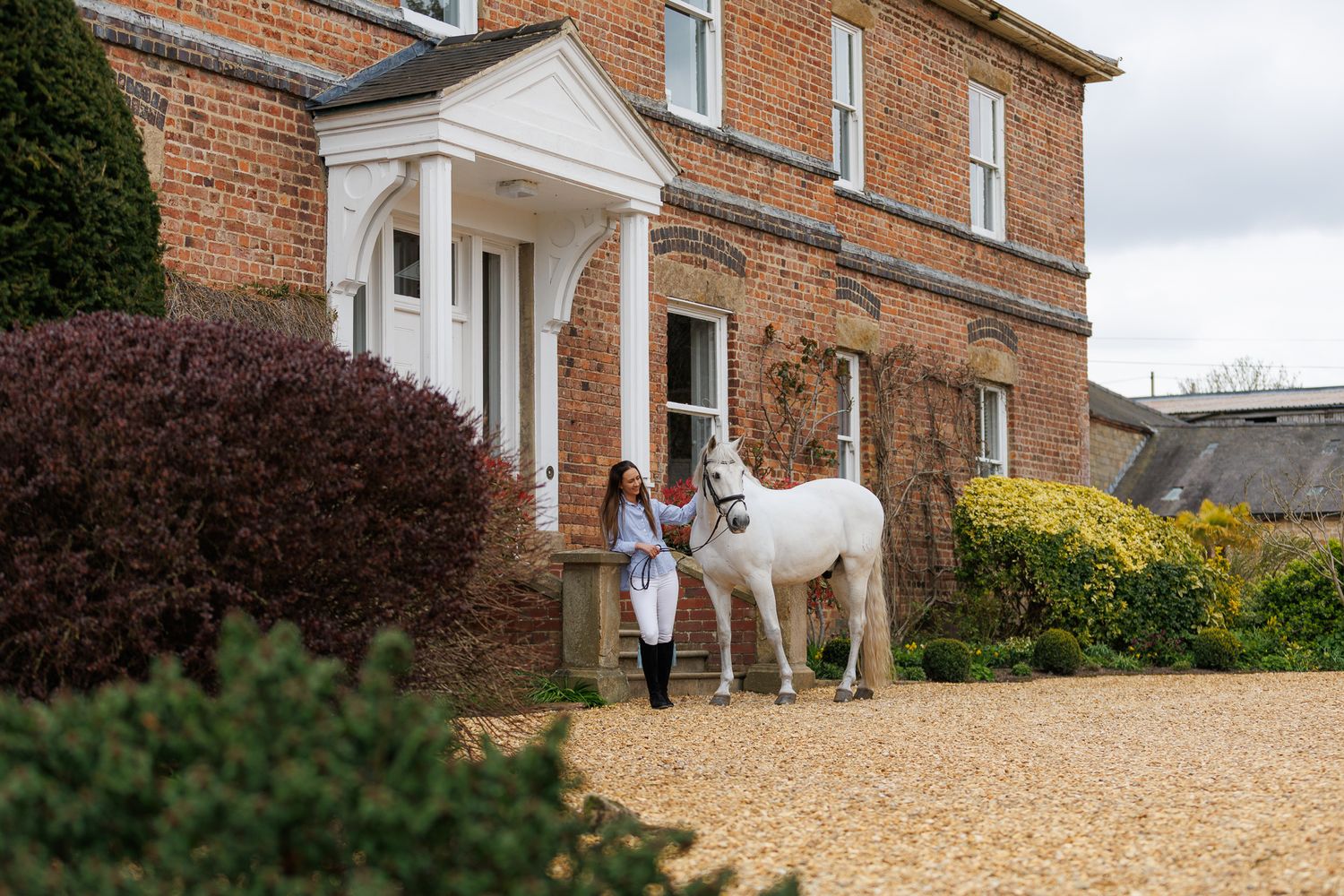 A beautiful black and white paint horse stands with a person on a sunny autumn day outdoors.