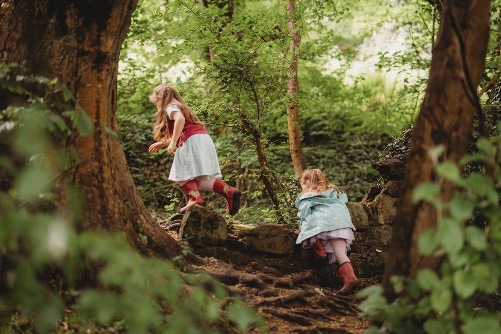 Children explore a lush green wooded area with sunlight filtering through the trees.
