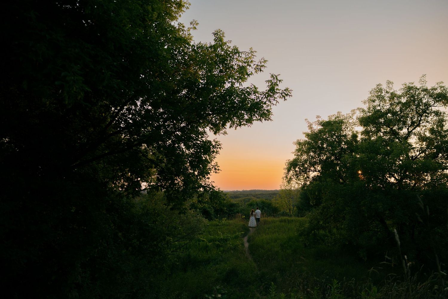 Person standing in a lush green field at sunset with trees framing a warm orange horizon sky.