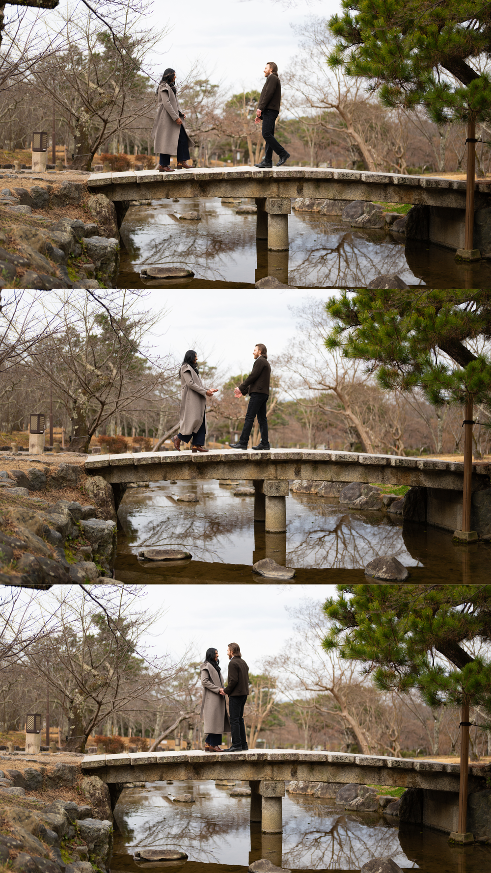 Three-panel collage of couple sharing a romantic moment on a stone bridge over a Japanese garden pond.