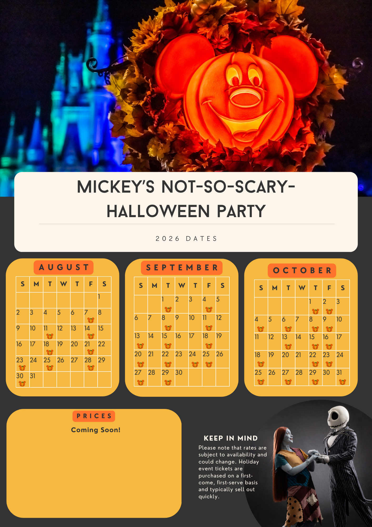 Mickey's Not-So-Scary Halloween Party 2026 flyer featuring a Mickey Mouse pumpkin, event dates in August, September, and October.