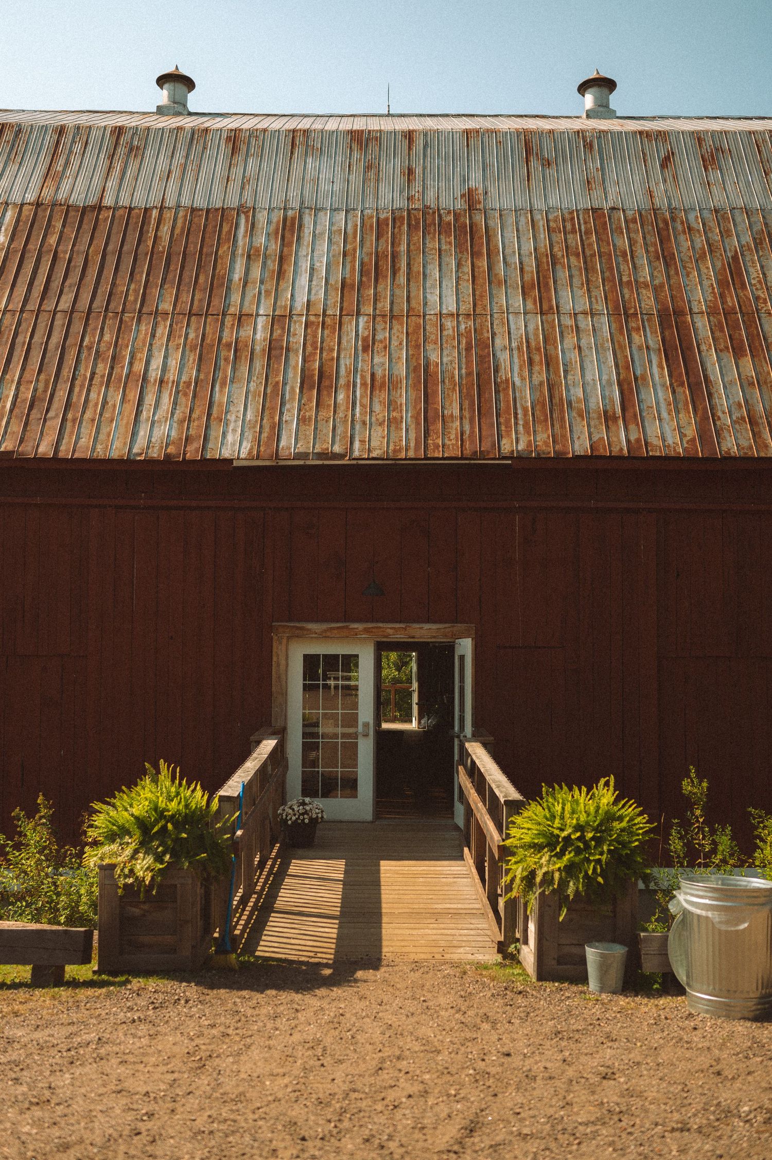 Rustic red barn wedding venue ontario with weathered metal roof, wooden ramp entrance, and lush green potted plants flanking the doorway.