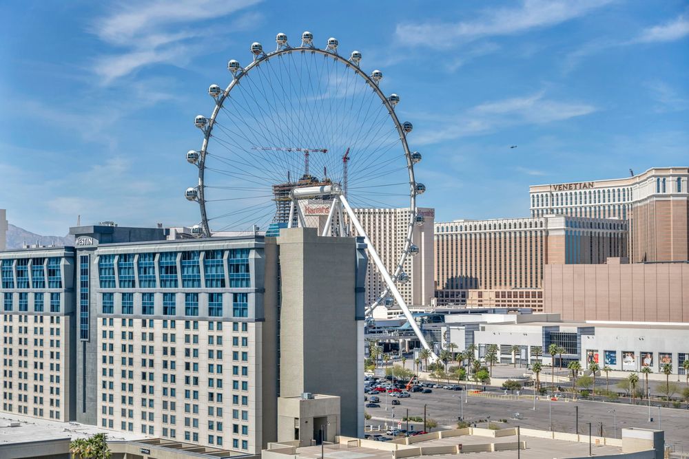 Close aerial view of the High Roller Ferris wheel on the Las Vegas Strip on a clear day.