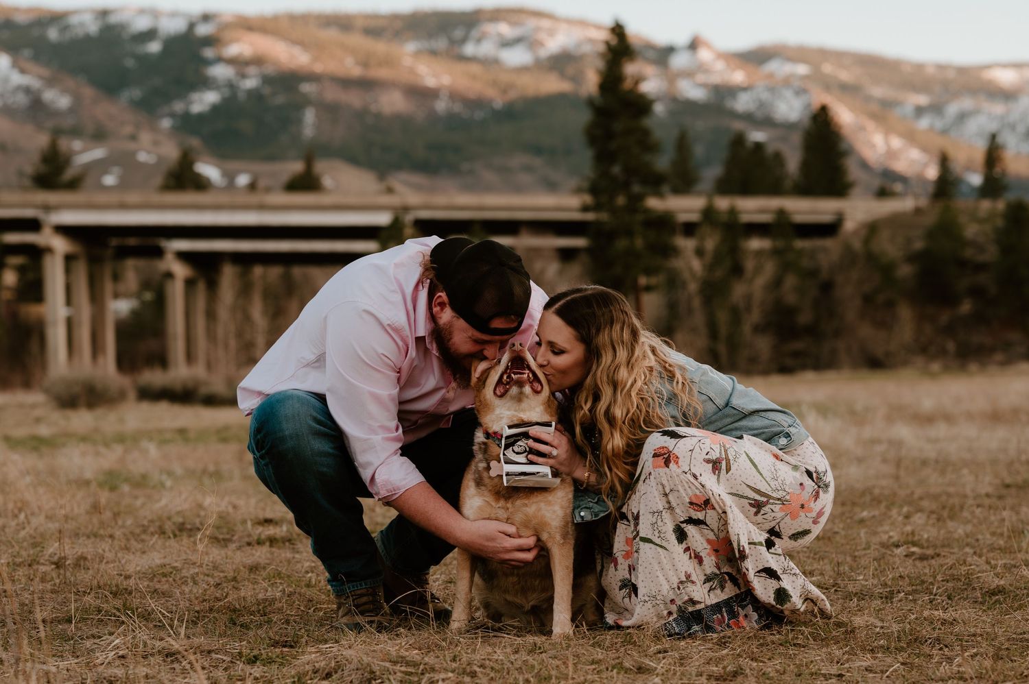 Couple kissing their dog outdoors in a mountain field with evergreen trees and snowy peaks in the background.