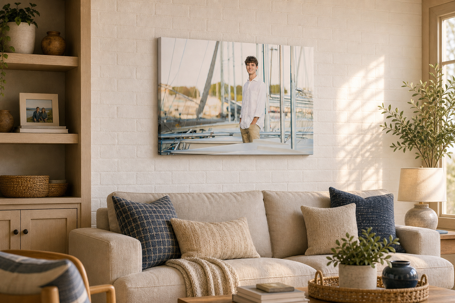 Canvas wall art of a young woman sitting in a golden field, displayed in a bright modern living room.