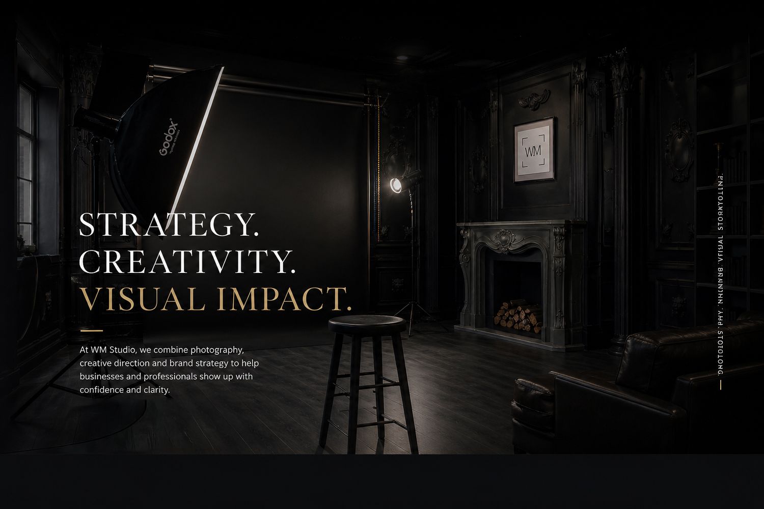 Dark luxury studio website showcasing strategy, creativity, and visual impact with elegant black interior design and brand photography.