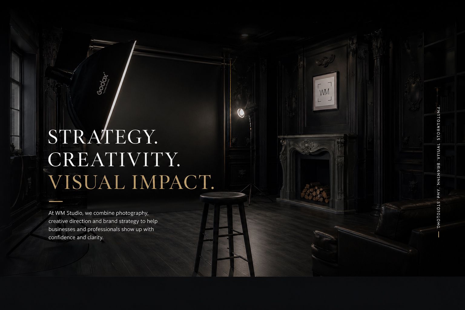 Dark luxury studio website showcasing strategy, creativity, and visual impact with elegant black interior design and brand photography.