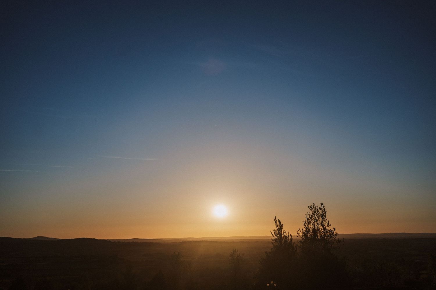Stunning golden sunset over rolling hills silhouettes lone tree against clear blue evening sky.