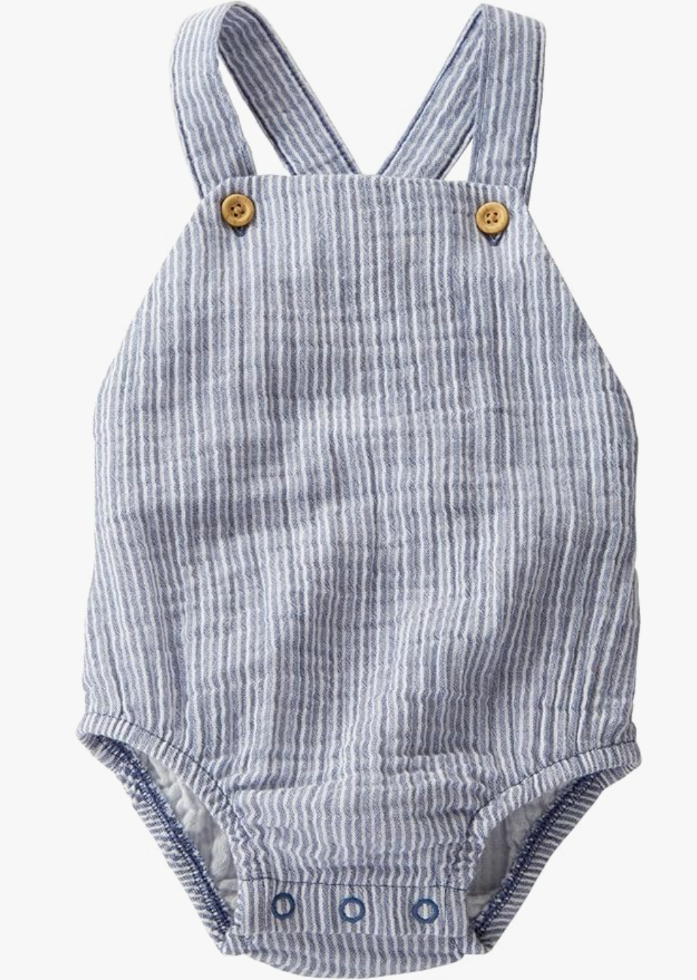 Blue striped baby romper with wooden buttons and snap closure, sleeveless overall style in soft textured fabric.