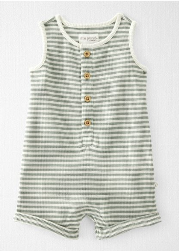 Baby sage green and white striped sleeveless romper with wooden buttons and snap closure.