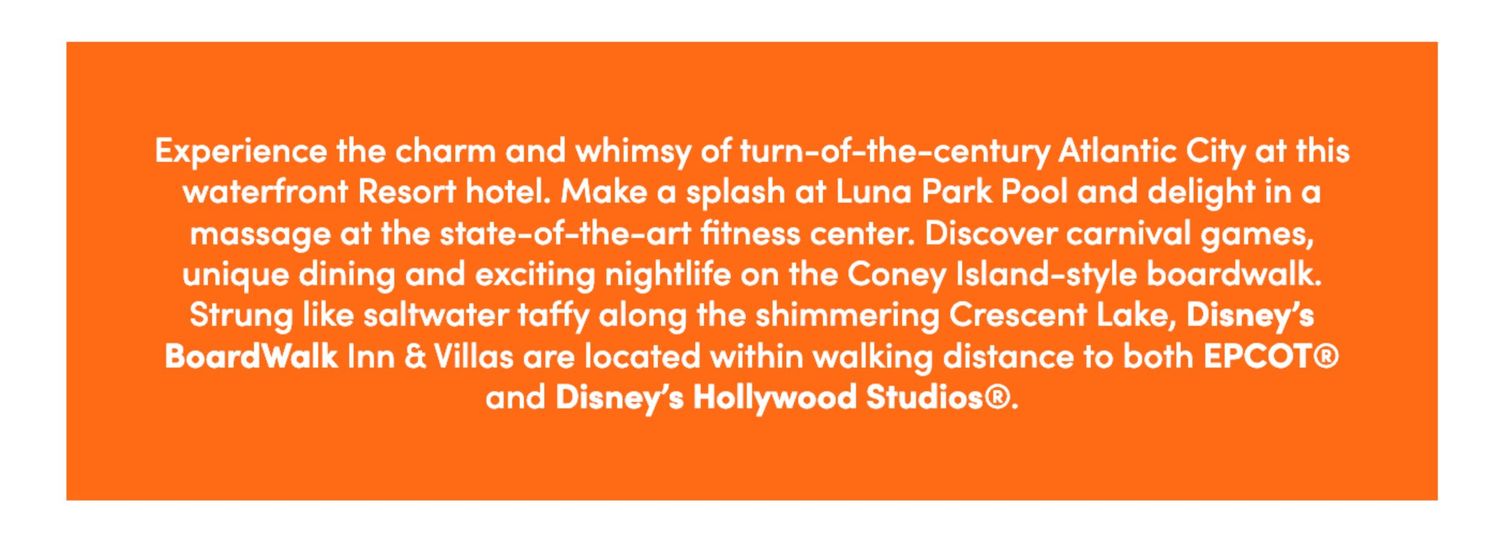 Orange banner displaying resort information text about Disney's BoardWalk Inn amenities.