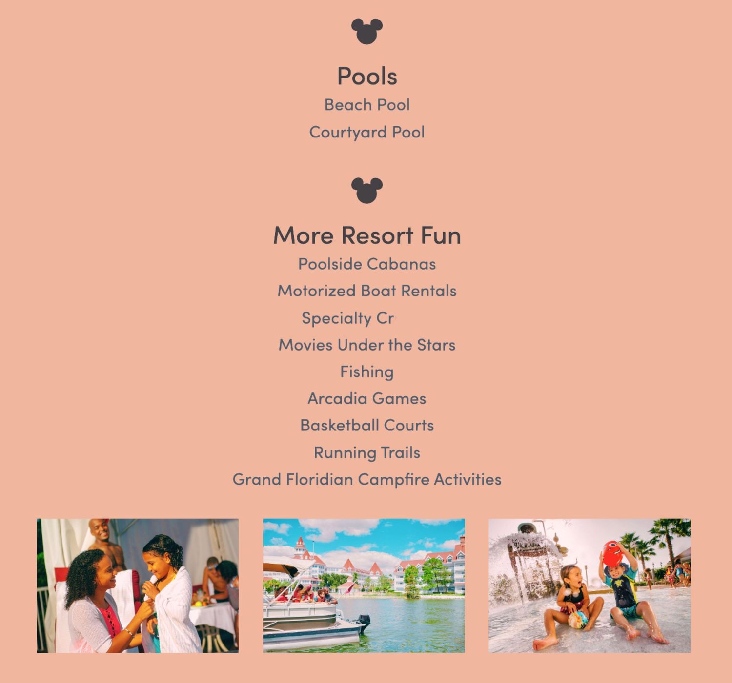Resort activities menu showing pools and entertainment options with decorative icons.