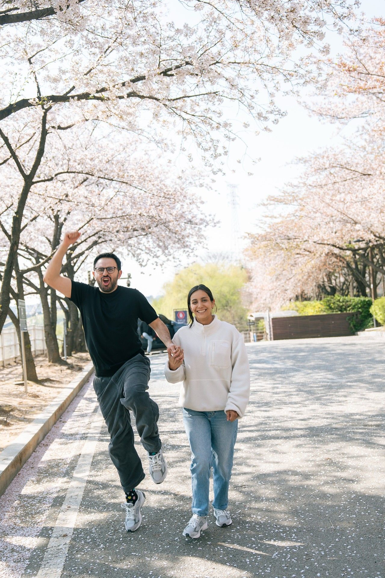 Couple holding hands and walking under blooming cherry blossom trees on a sunny spring day.