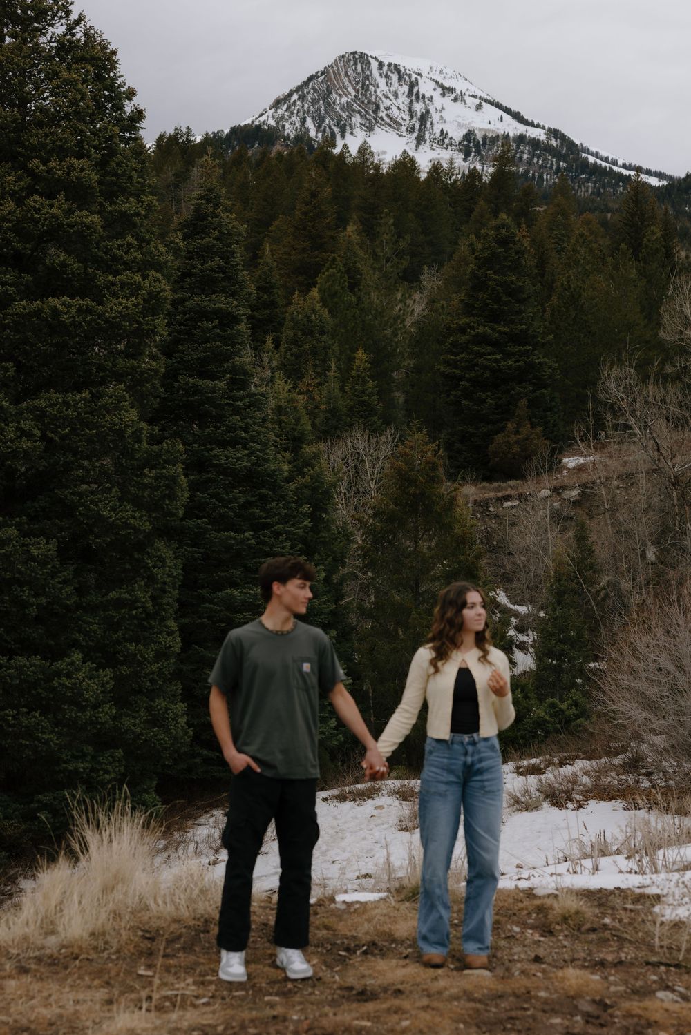 Young couple holding hands in a scenic winter mountain setting with snow-dusted ground and evergreen trees.