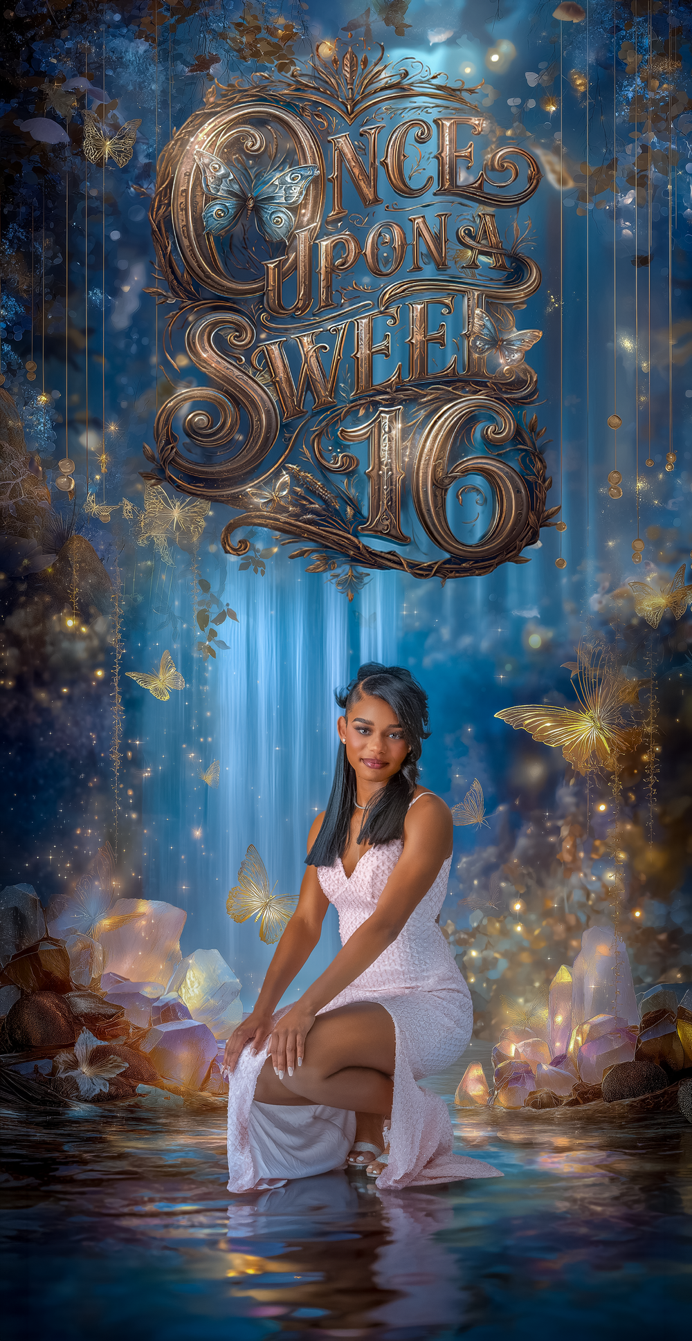 A young woman in a white dress poses in a magical fantasy setting for her Once Upon a Sweet 16 celebration.