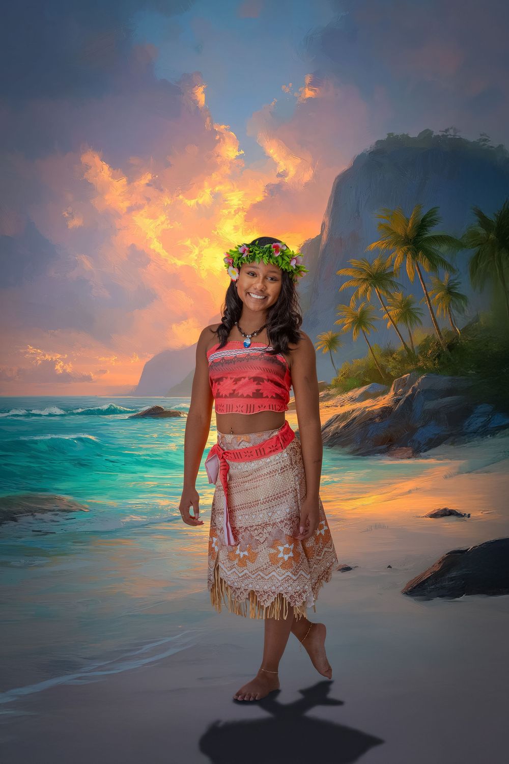 Young woman in traditional Polynesian costume on tropical beach at sunset with palm trees and turquoise ocean.