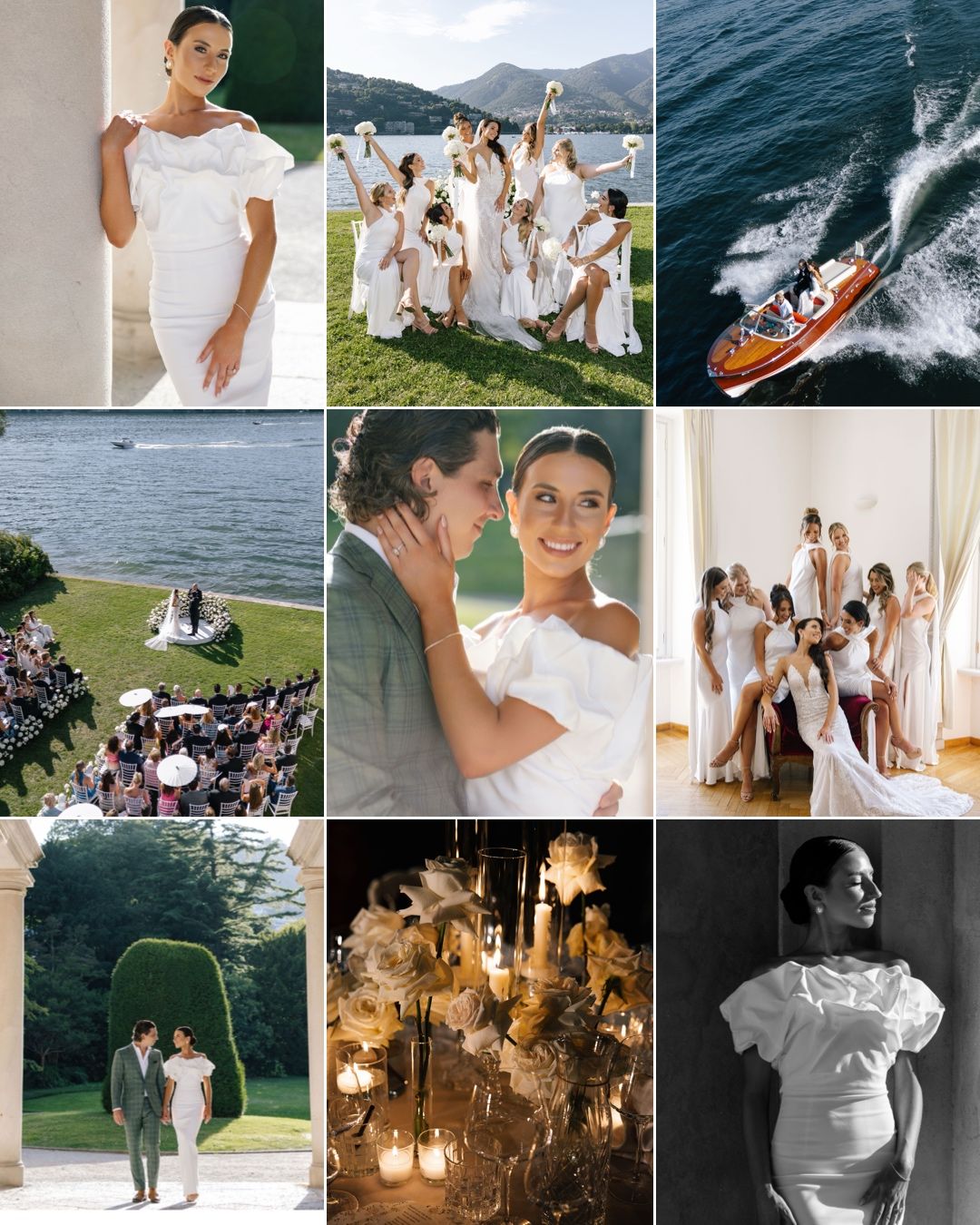 Elegant wedding photo collage featuring bride in white gown, bridesmaids on boat, outdoor ceremony, and romantic couple portraits.