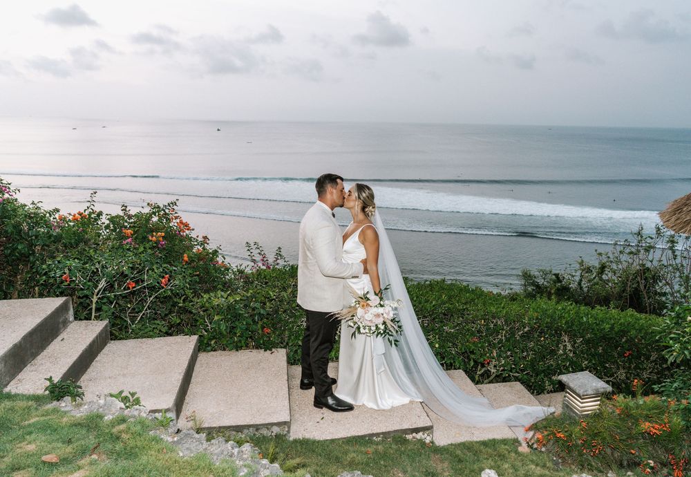 Collection of coastal wedding photos showing a couple in elegant attire against an oceanfront backdrop and cliffside setting.