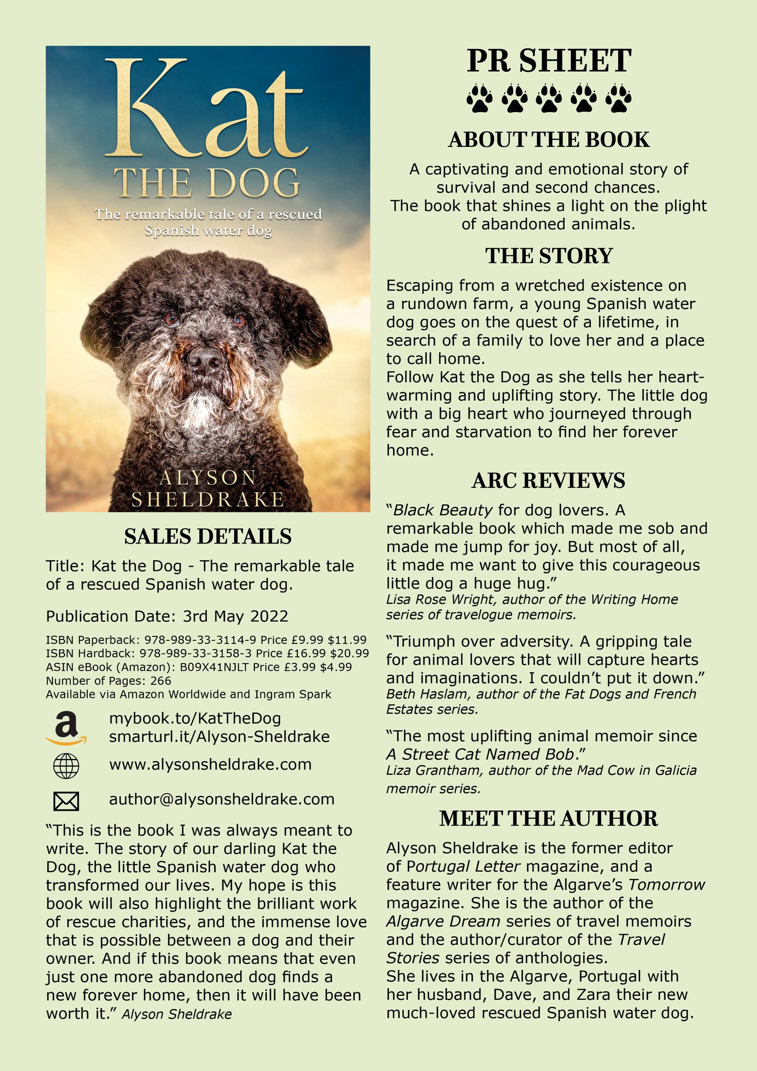 PR sheet for Kat The Dog book by Alyson Sheldrake, released 3rd May 2022.
