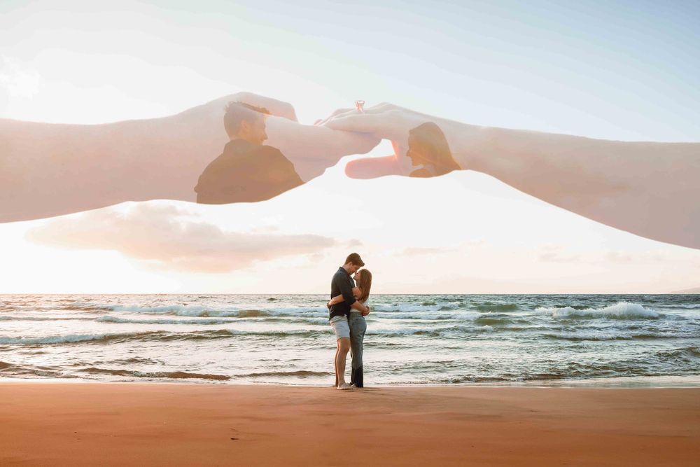 Maui couple engagement photographer photo against beautiful Maui sunset beach by ohwowfotos.
