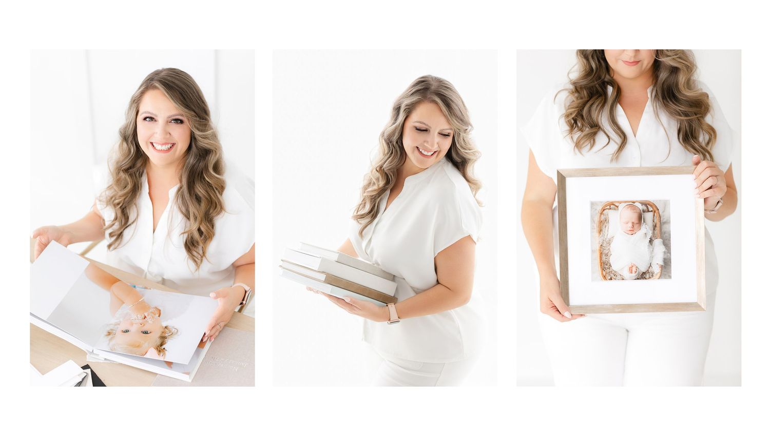 Professional business headshots of someone in white against a light neutral background in multiple poses.