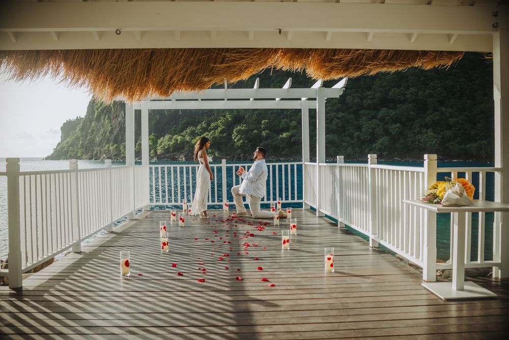 Saint Lucia engagement photographer captures Surprise proposal with engagement photoshoot Sugar Beach Viceroy, St Lucia