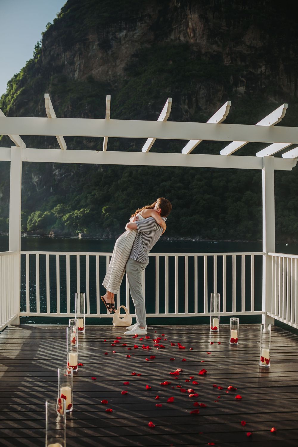 Saint Lucia engagement Photographer captures Surprise proposal with engagement photoshoot in Sugar beach Viceroy, St Lucia