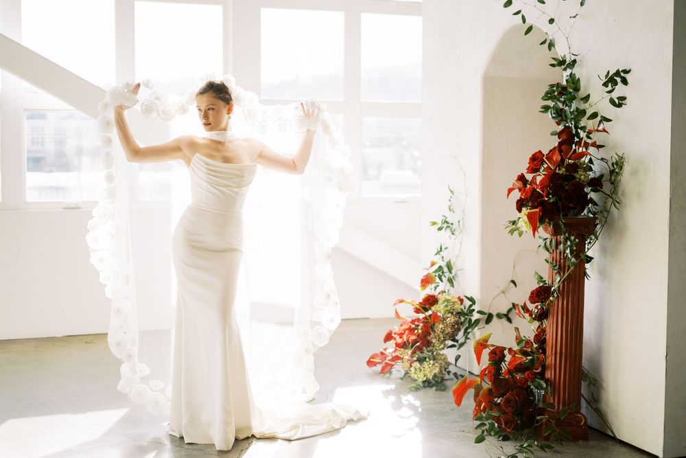 Elegant sequence of light-filled minimalist photographs featuring a bride in flowing white dress against white walls.