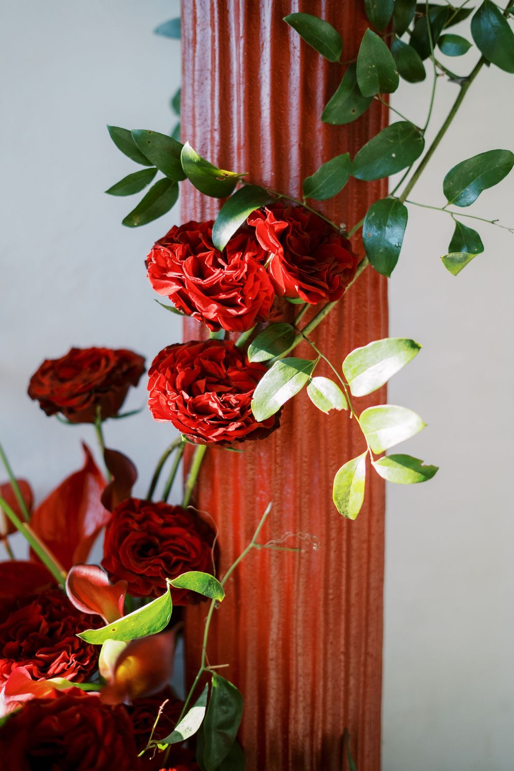 Close-up shot of deep red roses with green leaves against a rustic brown background.