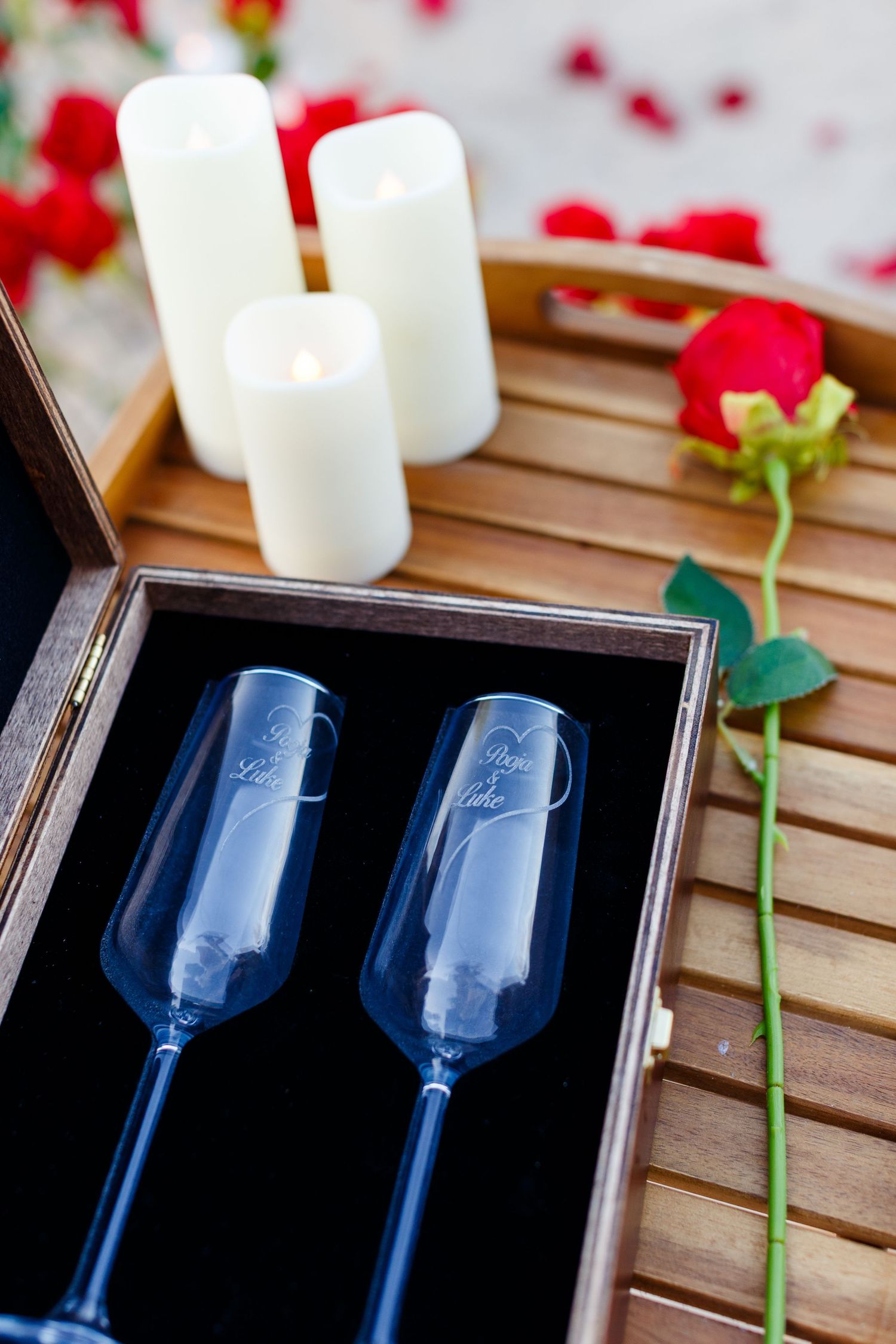 Champagne glasses. Marriage proposal on the beach in Isla Verde, Carolina, Puerto Rico.