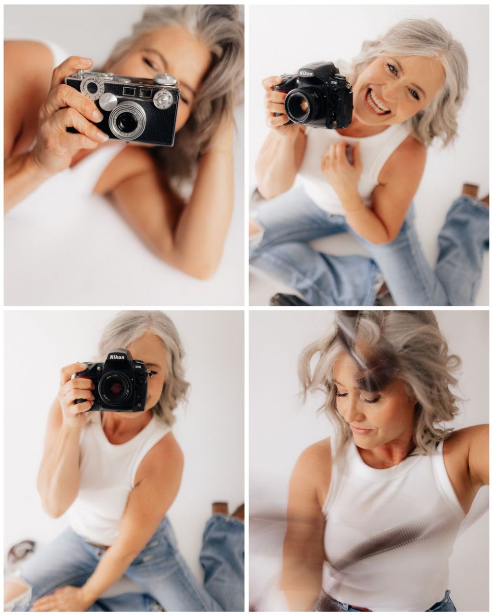 Collection of candid photos showing someone taking pictures with vintage cameras.