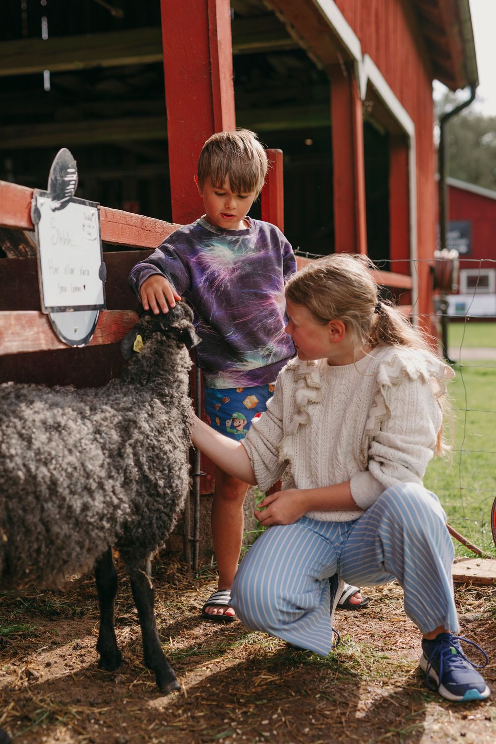 Two children petting a black sheep at a red barn on a farm.