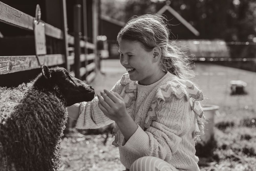 Black and white image showing gentle interaction between someone in lace dress and a sheep at a farm fence.