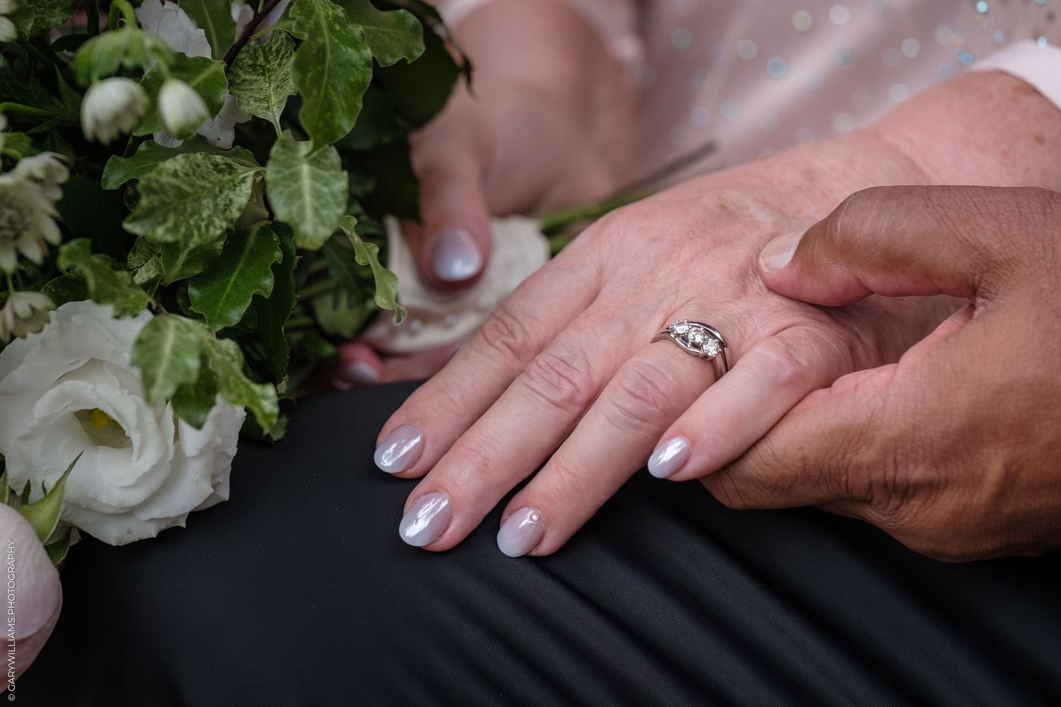 A string of wedding photos showing hands with rings, bridal bouquets, and romantic moments during the ceremony.