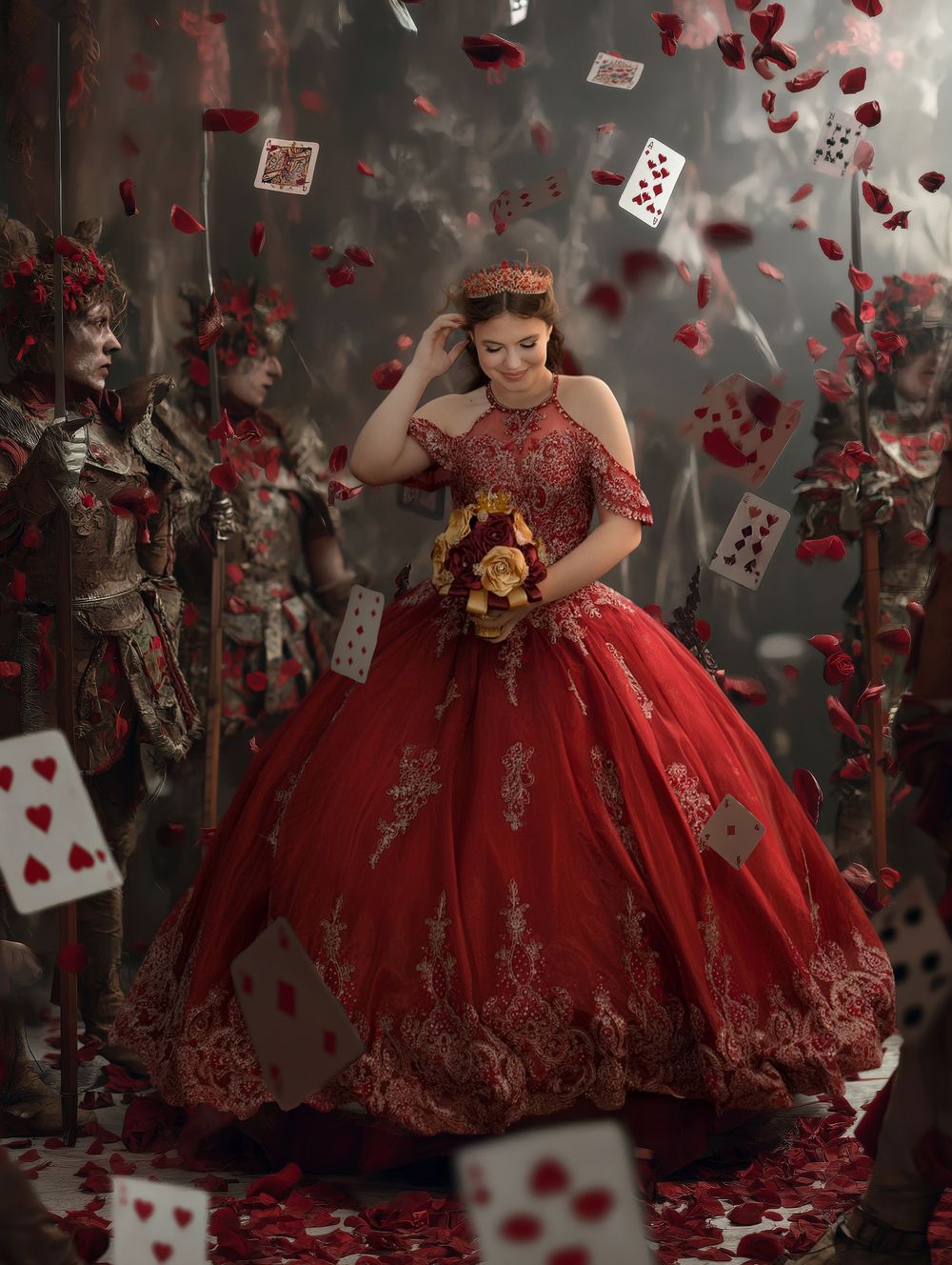 A figure in a luxurious red ball gown poses dramatically amidst floating playing cards and rose petals in a dark setting.
