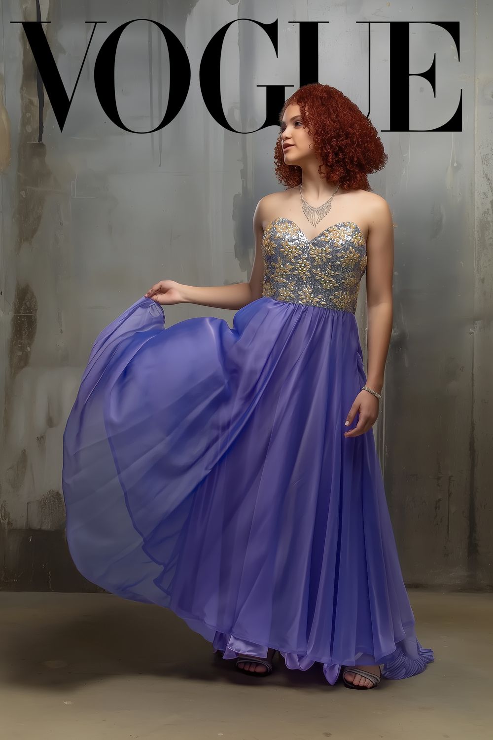 A model in a flowing purple gown with beaded bodice and vibrant red curly hair poses for Vogue magazine.