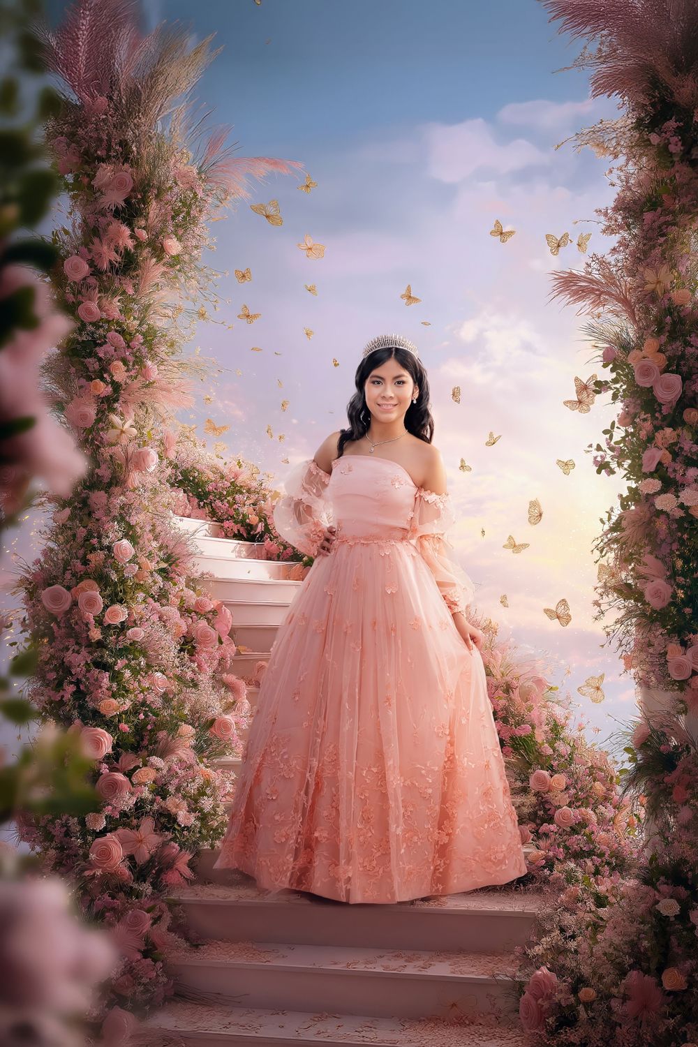 A dreamy garden scene with a pink ballgown surrounded by floral arches and butterflies in a soft ethereal light.