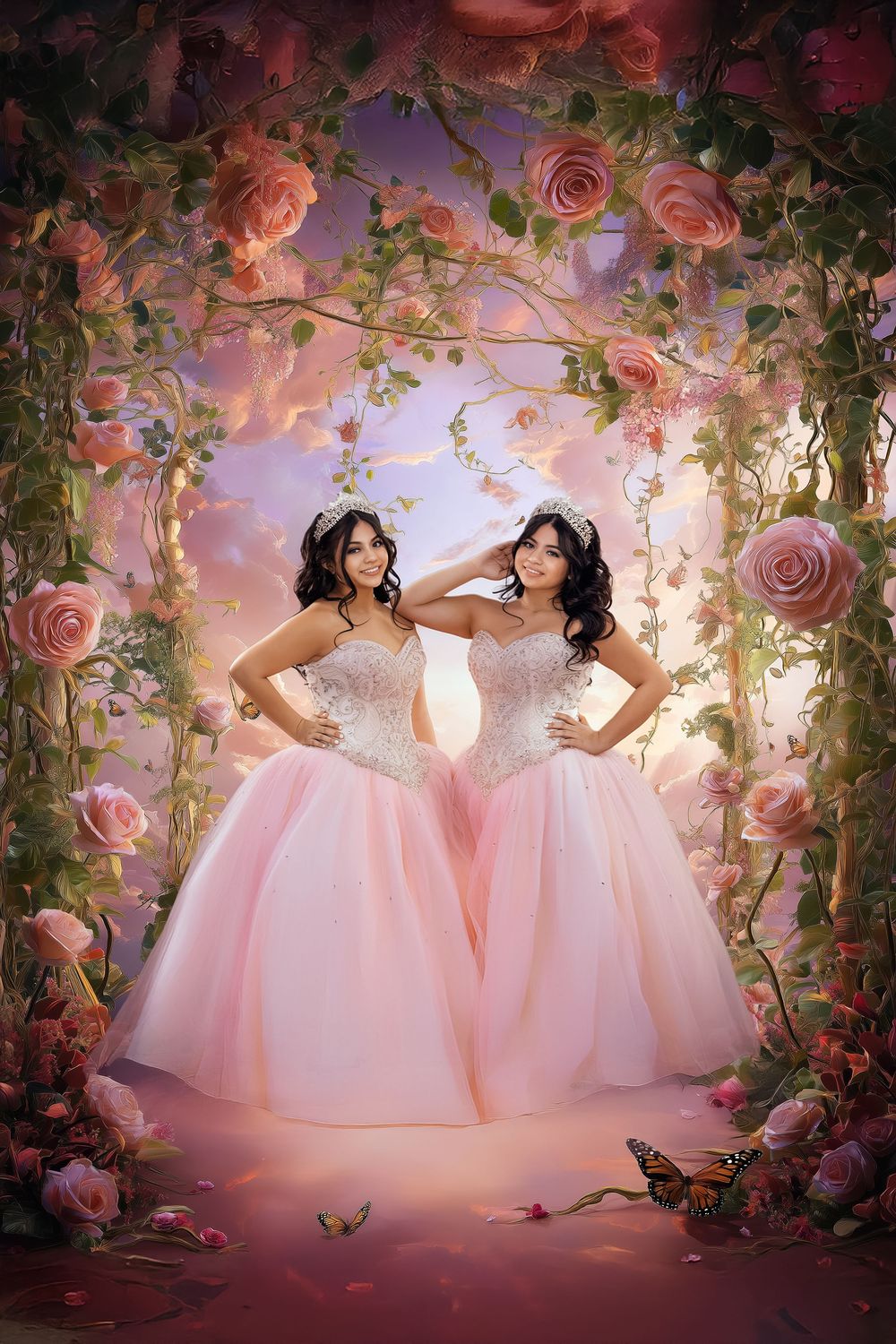 Two matching floral pink ball gowns in a dreamy garden setting with pink roses and glowing lanterns.