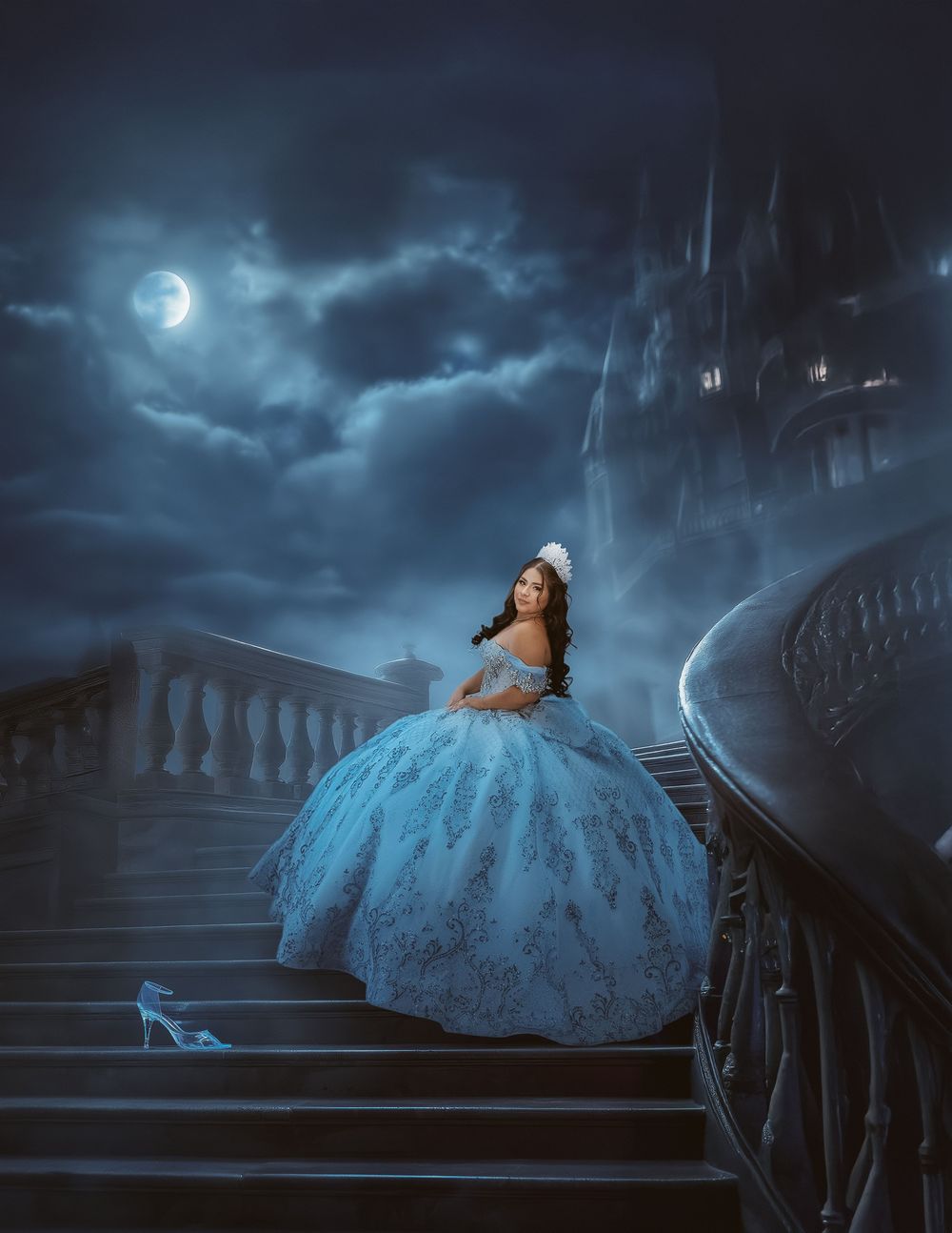 A scene inspired by Cinderella shows someone in a ballgown on grand steps at night with a glass slipper under moonlight.