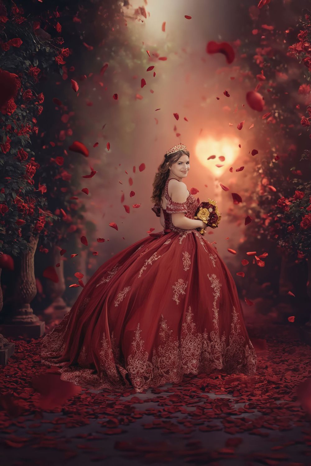 A person in a flowing burgundy gown stands in a magical forest setting with swirling red rose petals in moody lighting.