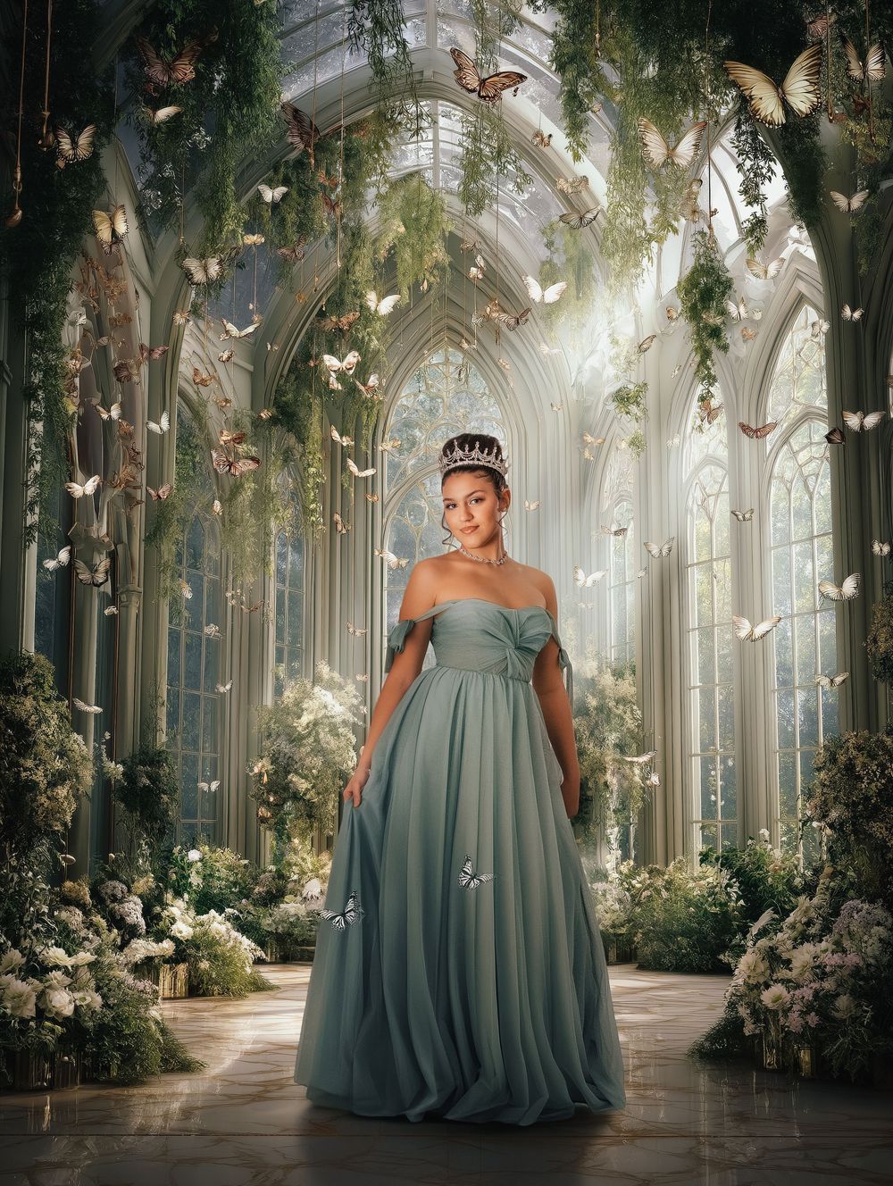 Four photos of someone in a flowing sage green ball gown posing in an ethereal indoor garden setting with butterfly decor.