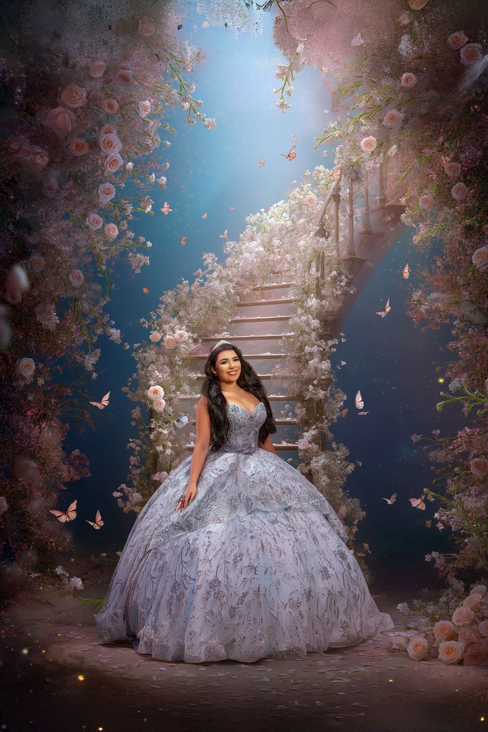 A princess in a silver ballgown poses in a dreamy garden setting with floating butterflies and romantic floral details.