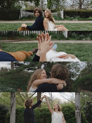 Romantic couple sitting back-to-back, holding hands, embracing, and dancing outdoors in a lush garden setting.