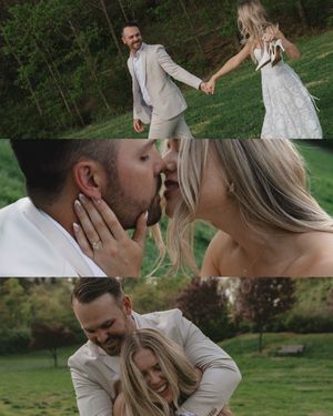 Bride and groom share romantic wedding moments outdoors, including a kiss and playful embrace on lush green grounds.
