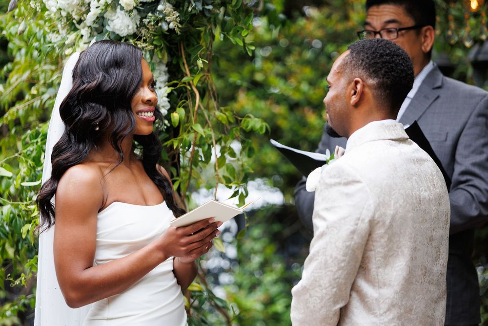 A series of romantic wedding couple photos showing intimate moments together outdoors under green trees and foliage.