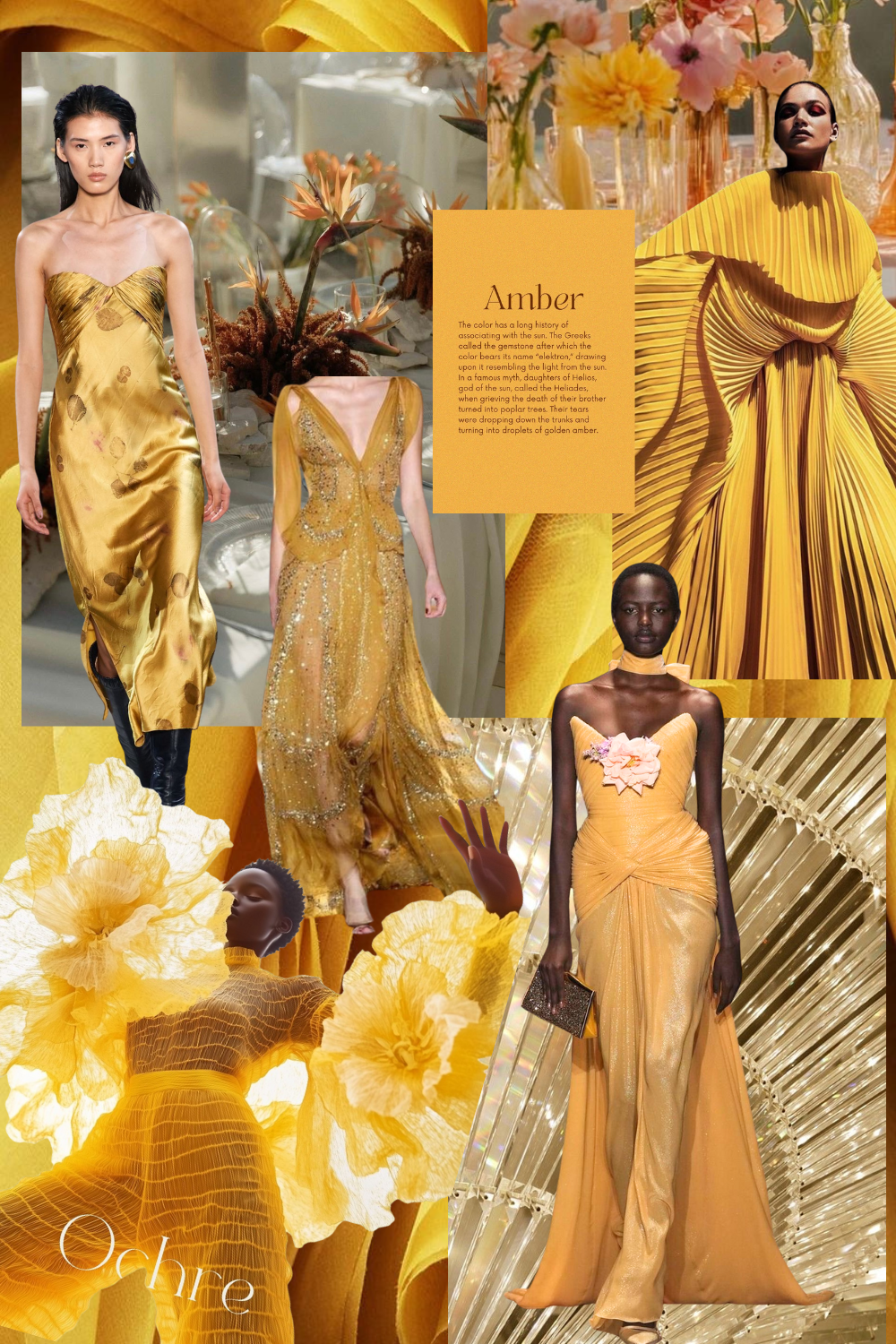 Fashion mood board featuring amber and golden yellow evening gowns with floral elements and elegant draping details.