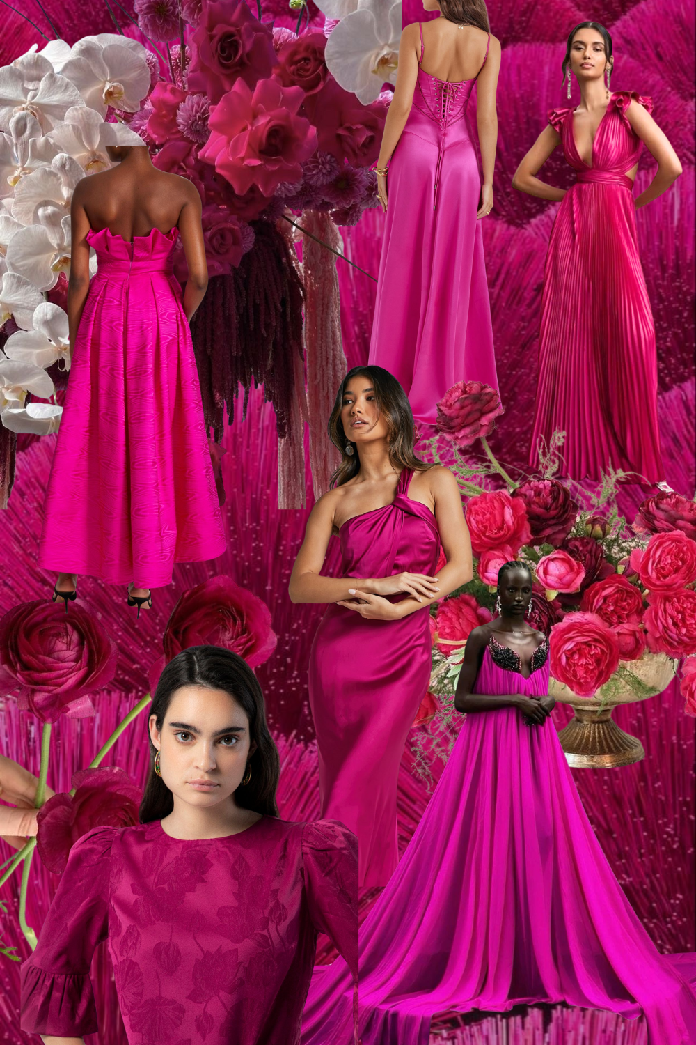 Fashion collage featuring bright fuchsia evening gowns and dresses with elegant silhouettes against a pink floral backdrop.