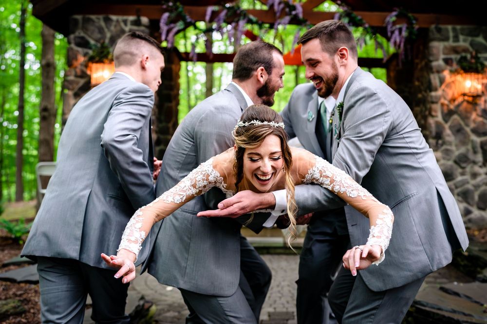 Groomsmen in grey suits pose playfully outdoors in sequence of candid shots.
