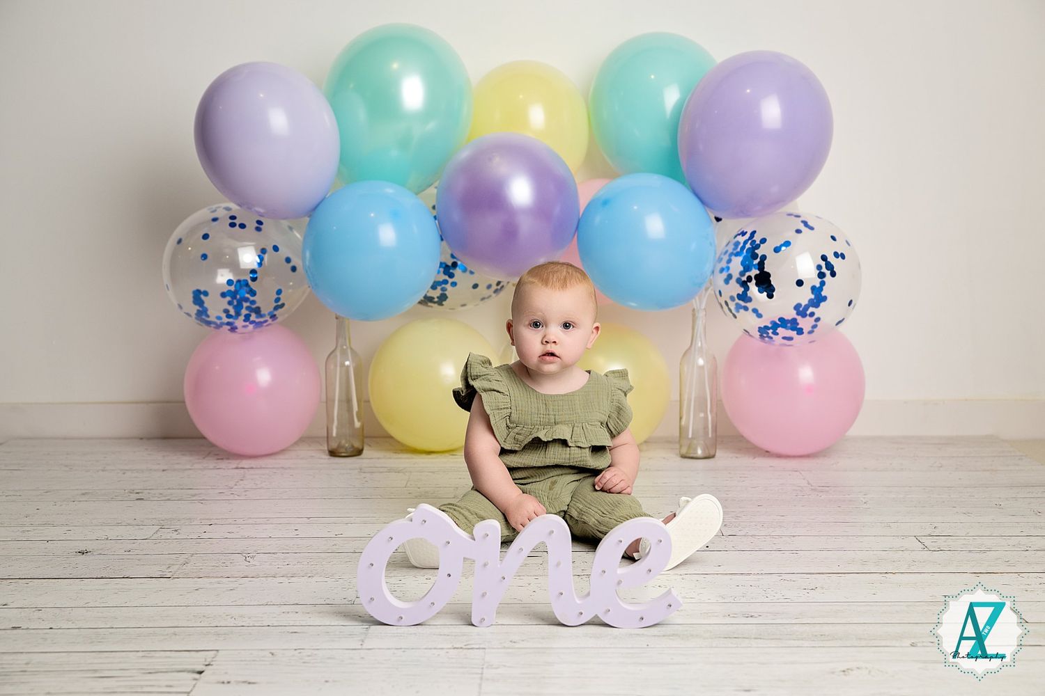 A set of six photo backgrounds with pastel balloons and decorative elements for birthday or celebration photography sessions.
